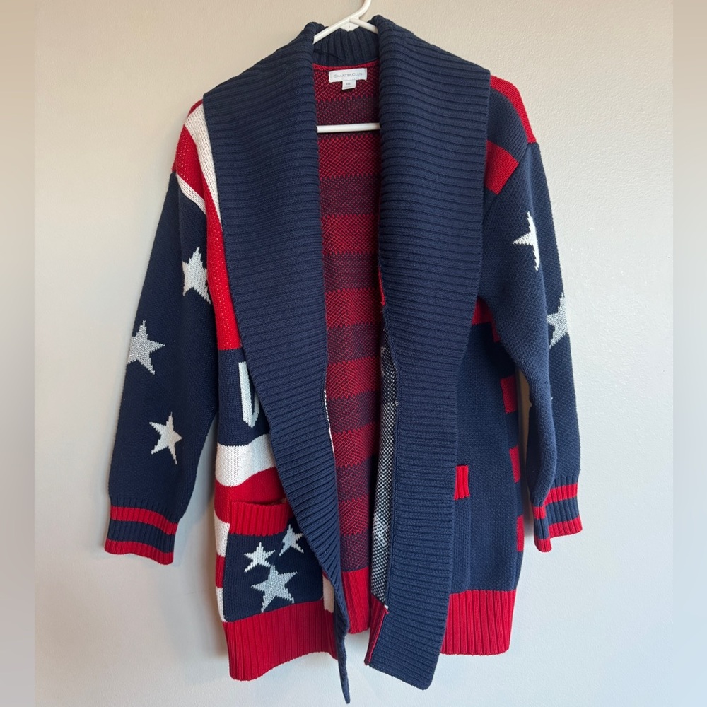 Charter Club USA Flag Cardigan Sweater XXL Red White Blue Stars Stripes Shawl - Picture 3 of 7